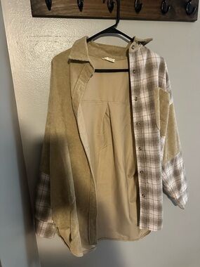 ADORA Two-Tone Corduroy & Plaid Shirt Jacket - Beige/Tan